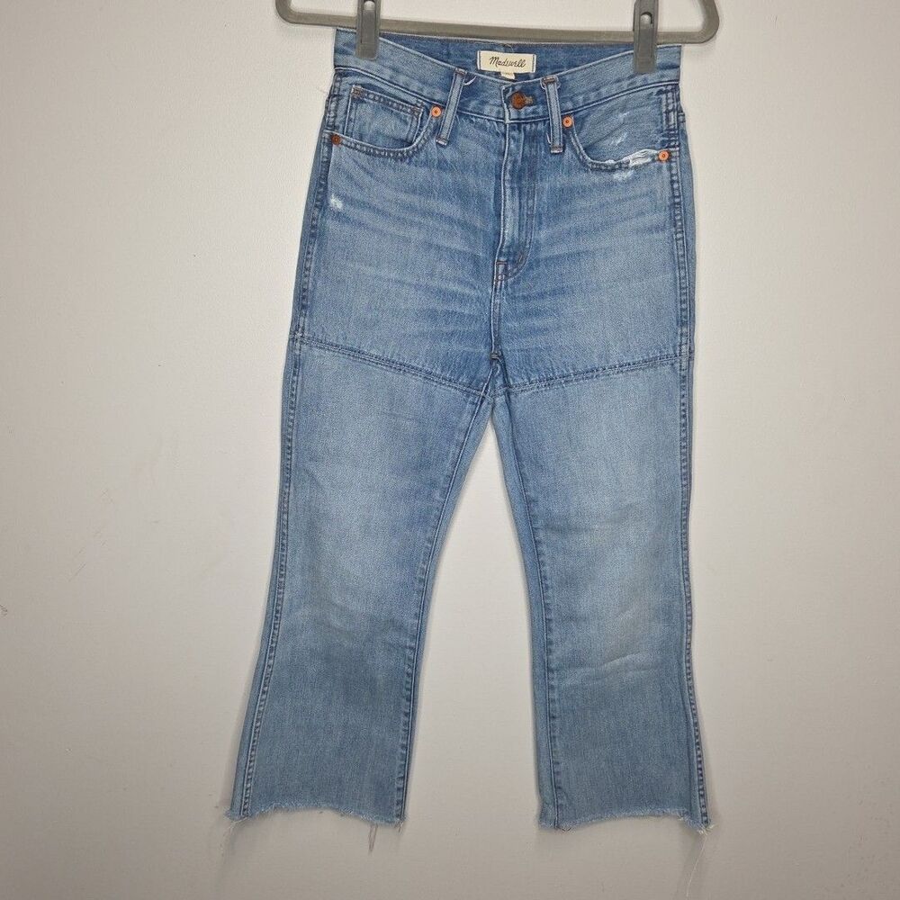 Madewell Cali Demi-Boot Jeans Womens Size 25 knee patch edition Raw Hem Flared